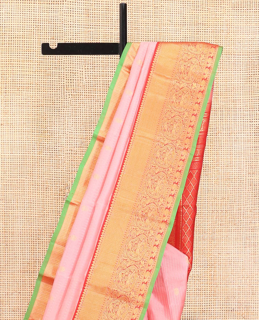 Pink Vasundhara Silk Saree, Decked Up with Zari Buttas and Stripes All Over Its Body, Complemented by a Contrast Border of Rekku, Kodi Visiry, Jaal, and Mayil Designs, Grand Jaal Pallu, and Paired with a Contrast Blouse - Image 3