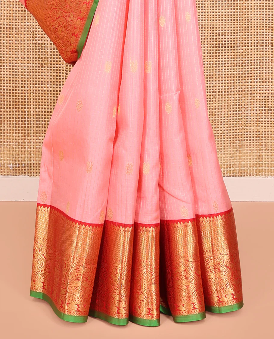 Pink Vasundhara Silk Saree, Decked Up with Zari Buttas and Stripes All Over Its Body, Complemented by a Contrast Border of Rekku, Kodi Visiry, Jaal, and Mayil Designs, Grand Jaal Pallu, and Paired with a Contrast Blouse - Image 4