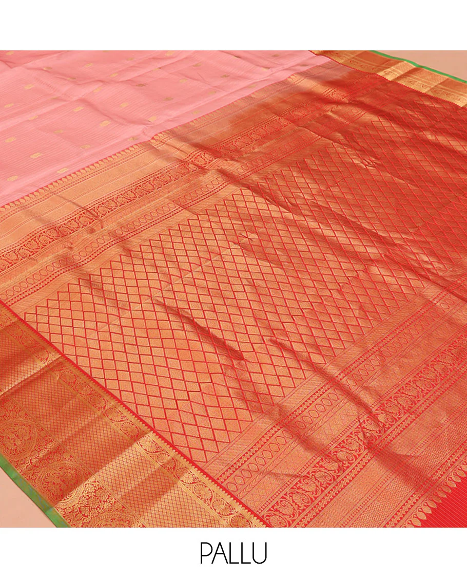 Pink Vasundhara Silk Saree, Decked Up with Zari Buttas and Stripes All Over Its Body, Complemented by a Contrast Border of Rekku, Kodi Visiry, Jaal, and Mayil Designs, Grand Jaal Pallu, and Paired with a Contrast Blouse - Image 5