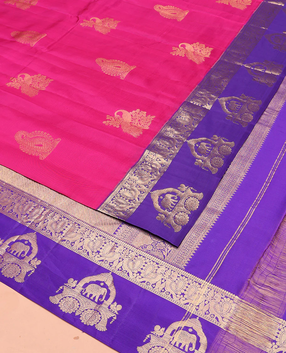 Pink Vasundhara Silk Saree Embellished with Zari Buttas All Over Its Body, Highlighted by Contrast Zari Border of Rekku, Mayil, and Chariot Designs, a Grand Pallu of Diagonal Stripes, and Paired with a Contrast Blouse - Image 2