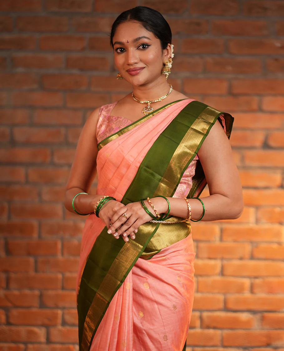Pink Vasundhara Silk Saree, Finely Crafted with Zari Buttas and Checked Design, Complemented by a Contrast One-Sided Rettai Pettu Border of Rekku, Laddu Kamalam, Mayil Kann and Kodi Visiry Designs, Grand Jaal Pallu, and Paired with a Contrast Blouse - Image 3