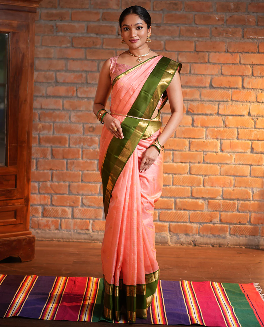 Pink Vasundhara Silk Saree, Finely Crafted with Zari Buttas and Checked Design, Complemented by a Contrast One-Sided Rettai Pettu Border of Rekku, Laddu Kamalam, Mayil Kann and Kodi Visiry Designs, Grand Jaal Pallu, and Paired with a Contrast Blouse - Image 5