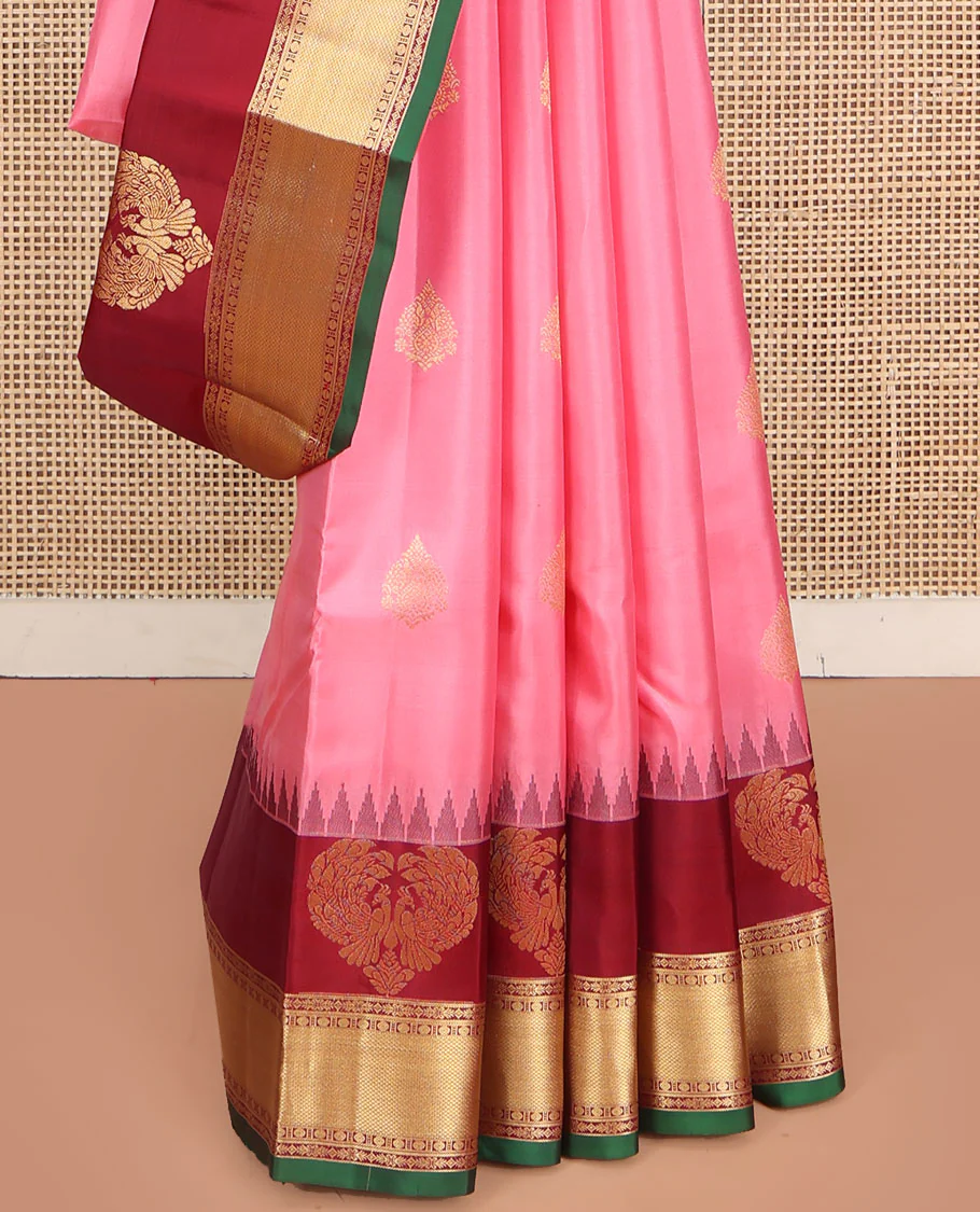 Pink Vasundhara Silk Saree, Finely Designed with Zari Buttas All Over Its Body, Complemented by Contrast Temple Border of Mayil, Rudraksham, and Mayil Kann Designs, Grand Jaal Pallu, and Paired with a Contrast Blouse - Image 4