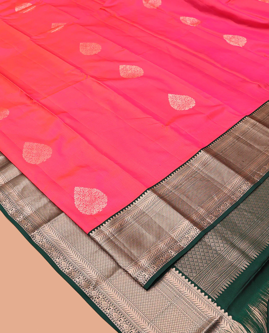 Pink Vasundhara Silk Saree, Gleamed Up with Zari Buttas All Over Its Body, Complemented by a Contrast Border of Kathir, and Jaal Designs, Grand Jaal Pallu, and Paired with a Contrast Blouse - Image 2