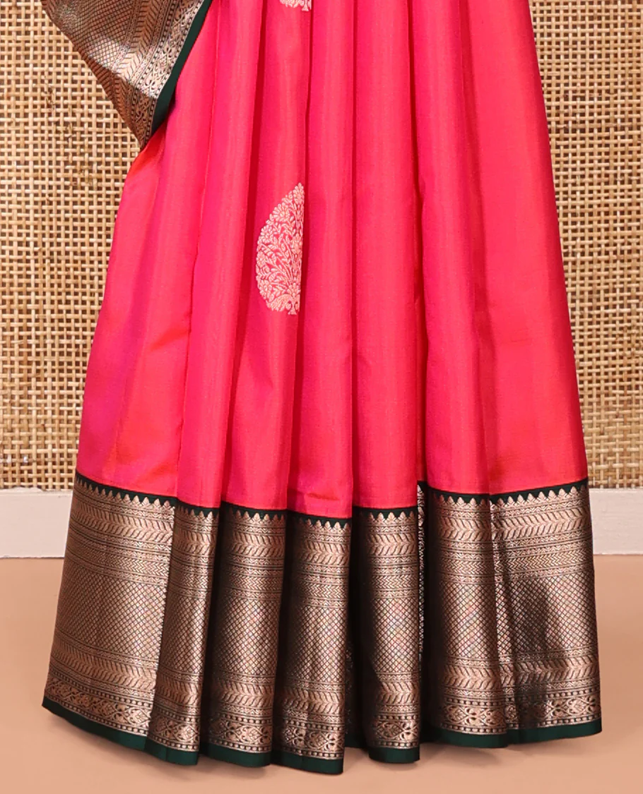 Pink Vasundhara Silk Saree, Gleamed Up with Zari Buttas All Over Its Body, Complemented by a Contrast Border of Kathir, and Jaal Designs, Grand Jaal Pallu, and Paired with a Contrast Blouse - Image 4
