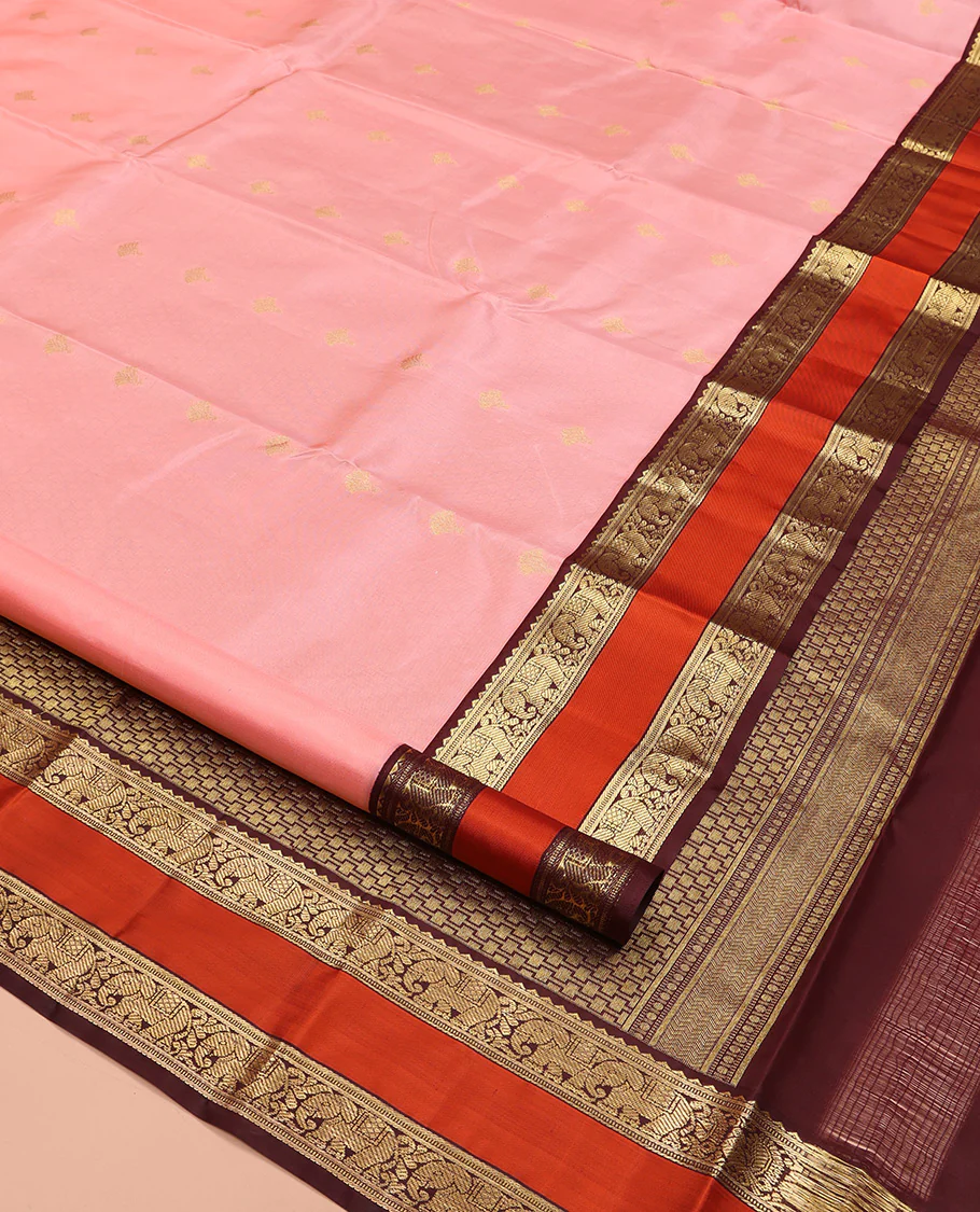 Pink Vasundhara Silk Saree, Sparsely Sparkled with Zari Buttas All Over Its Body, Complemented by a Contrast Rettai Pettu Border of Rekku, Muthu, and Yaanai Designs, Grand Geometric Pallu, and Paired with a Contrast Blouse - Image 2