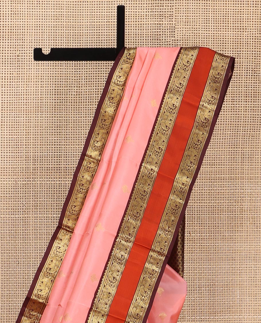 Pink Vasundhara Silk Saree, Sparsely Sparkled with Zari Buttas All Over Its Body, Complemented by a Contrast Rettai Pettu Border of Rekku, Muthu, and Yaanai Designs, Grand Geometric Pallu, and Paired with a Contrast Blouse - Image 3