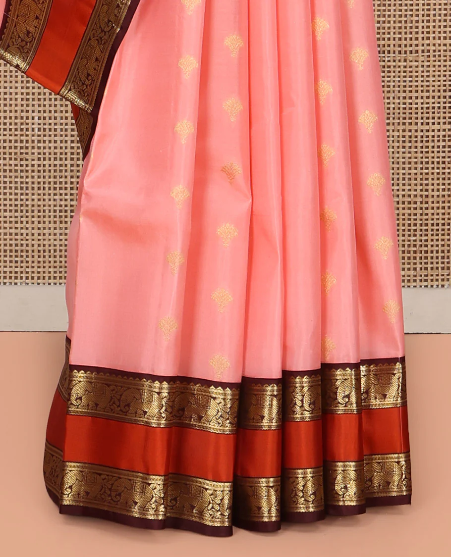 Pink Vasundhara Silk Saree, Sparsely Sparkled with Zari Buttas All Over Its Body, Complemented by a Contrast Rettai Pettu Border of Rekku, Muthu, and Yaanai Designs, Grand Geometric Pallu, and Paired with a Contrast Blouse - Image 4