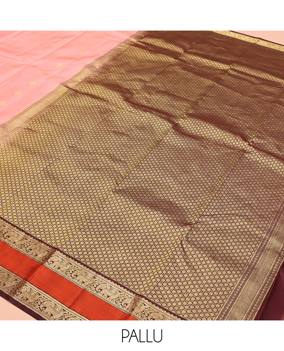 Pink Vasundhara Silk Saree, Sparsely Sparkled with Zari Buttas All Over Its Body, Complemented by a Contrast Rettai Pettu Border of Rekku, Muthu, and Yaanai Designs, Grand Geometric Pallu, and Paired with a Contrast Blouse - Image 5