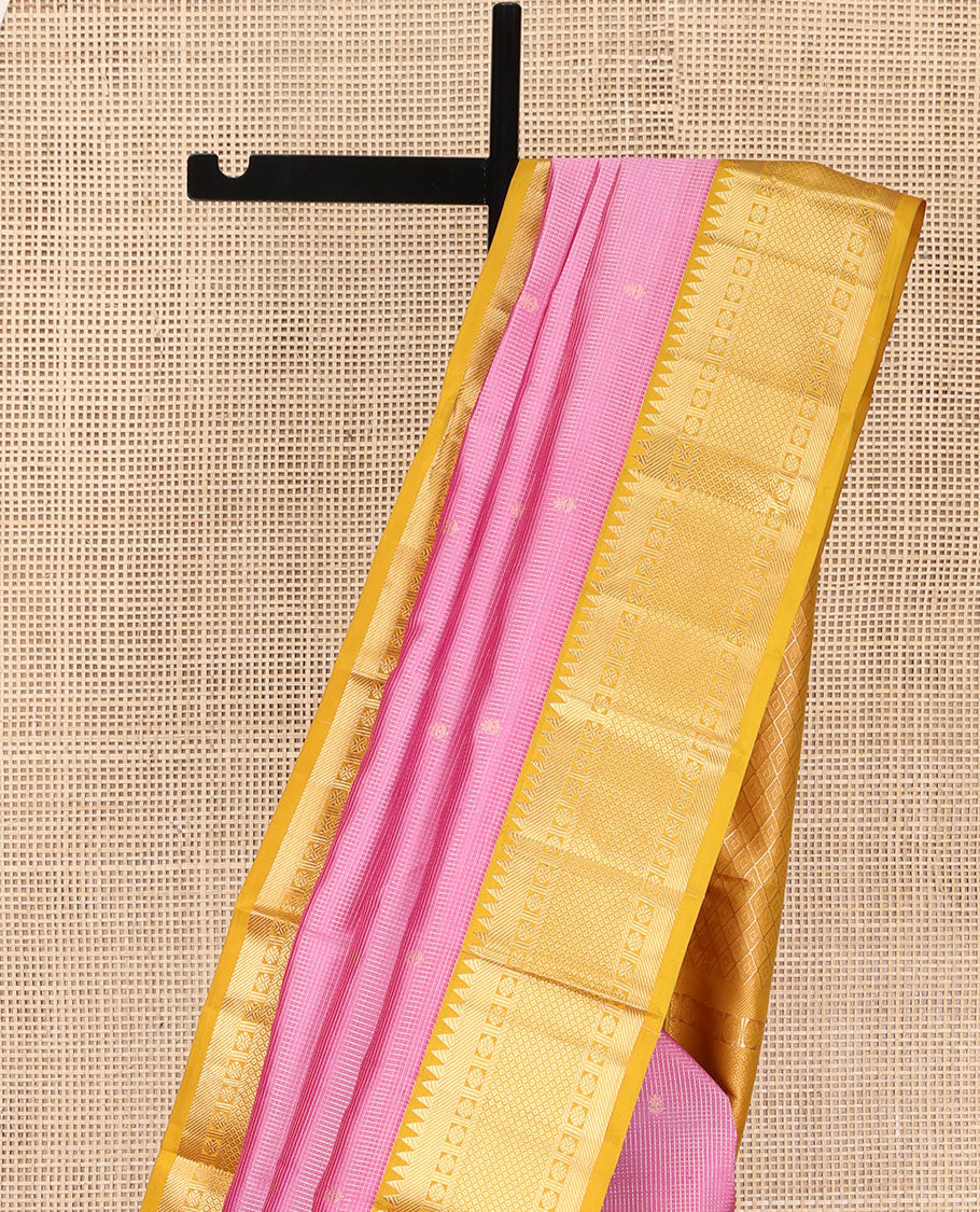 Pink Vasundhara Silk Saree, Subtly Sparkled with Zari Buttas and Checks All Over Its Body, Complemented by a Contrast Border of Rekku, Rudraksham, and Then Kuli Kann Designs, Grand Jaal Pallu, and Paired with a Contrast Blouse - Image 3