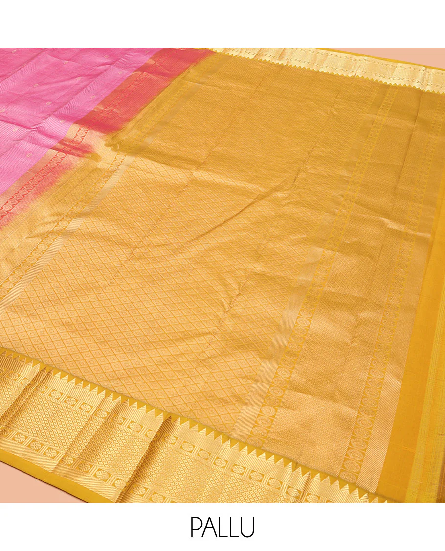 Pink Vasundhara Silk Saree, Subtly Sparkled with Zari Buttas and Checks All Over Its Body, Complemented by a Contrast Border of Rekku, Rudraksham, and Then Kuli Kann Designs, Grand Jaal Pallu, and Paired with a Contrast Blouse - Image 5