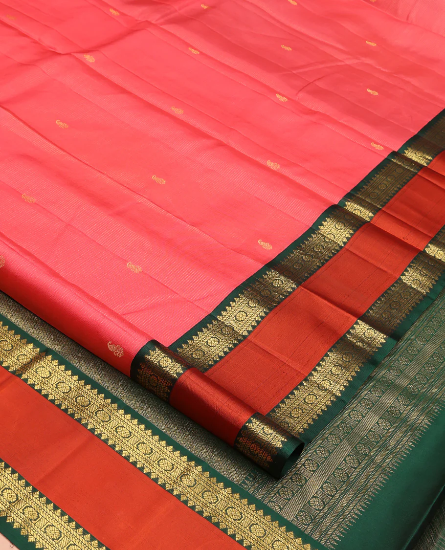 Pink Vasundhara Silk Saree, Subtly Woven with Stripes and Buttas All Over Its Body Complemented by Contrast Rettai Pettu Border of Thilakam, Banaras, Muthu, and Laddu Kamalam Designs, Grand Jaal Pallu and Paired with a Contrast Blouse - Image 2