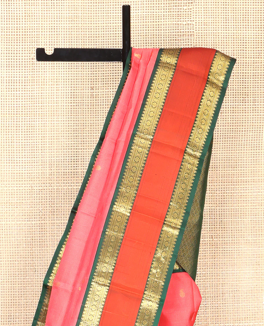 Pink Vasundhara Silk Saree, Subtly Woven with Stripes and Buttas All Over Its Body Complemented by Contrast Rettai Pettu Border of Thilakam, Banaras, Muthu, and Laddu Kamalam Designs, Grand Jaal Pallu and Paired with a Contrast Blouse - Image 3