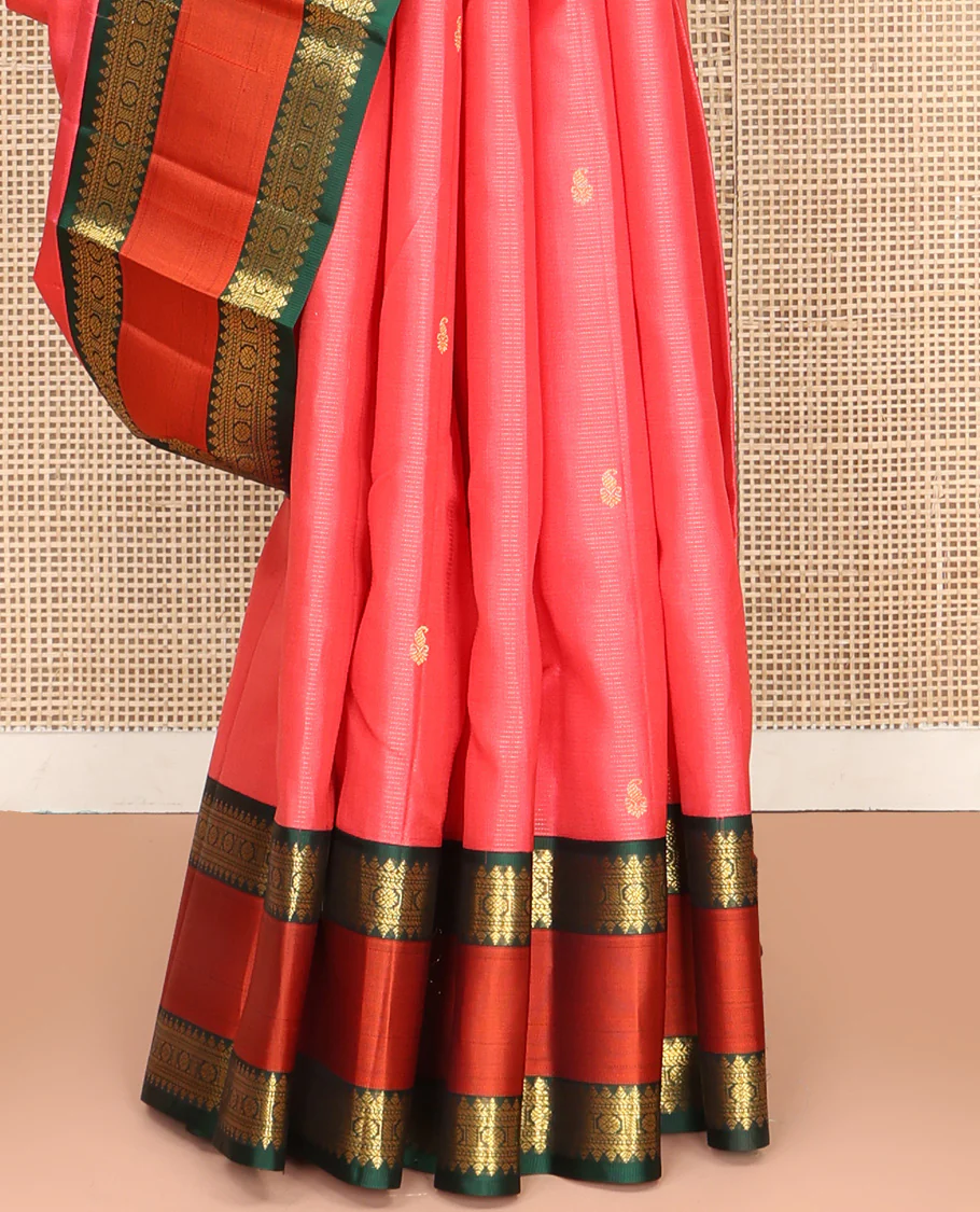 Pink Vasundhara Silk Saree, Subtly Woven with Stripes and Buttas All Over Its Body Complemented by Contrast Rettai Pettu Border of Thilakam, Banaras, Muthu, and Laddu Kamalam Designs, Grand Jaal Pallu and Paired with a Contrast Blouse - Image 4