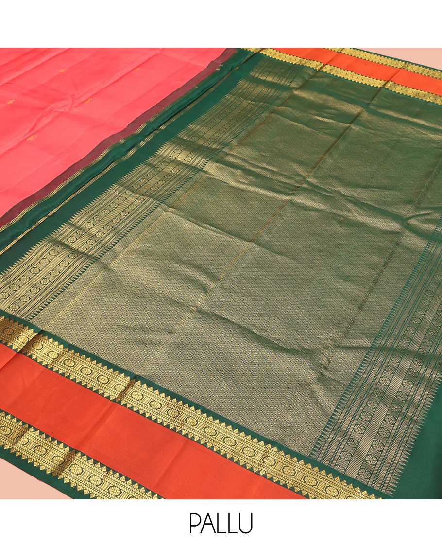 Pink Vasundhara Silk Saree, Subtly Woven with Stripes and Buttas All Over Its Body Complemented by Contrast Rettai Pettu Border of Thilakam, Banaras, Muthu, and Laddu Kamalam Designs, Grand Jaal Pallu and Paired with a Contrast Blouse - Image 5