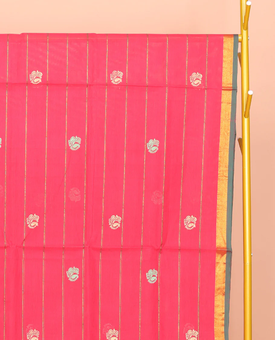 Pink Venkatagiri Cotton Saree, Embellished with Peacock Buttas and Stripes, a Contrast Floral Creeper Zari Border, Pallu of Buttas and Stripes, and No Blouse - Image 3