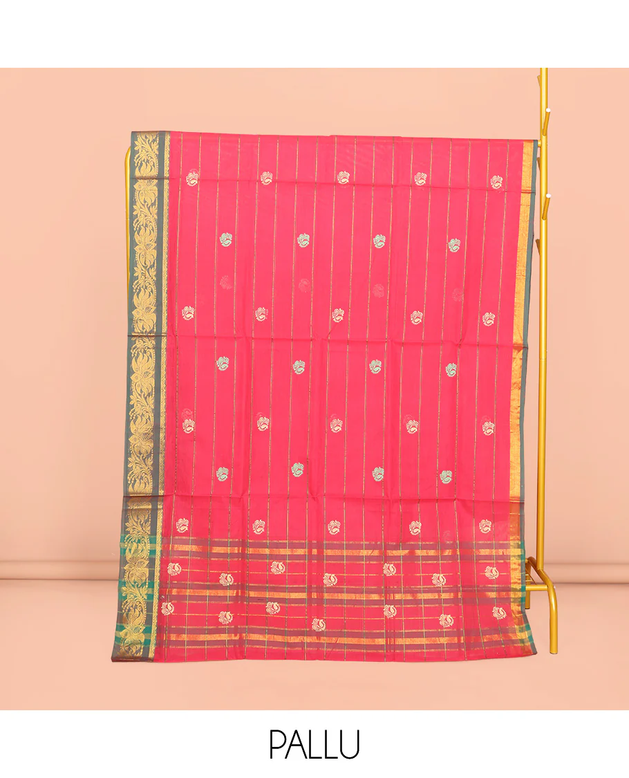 Pink Venkatagiri Cotton Saree, Embellished with Peacock Buttas and Stripes, a Contrast Floral Creeper Zari Border, Pallu of Buttas and Stripes, and No Blouse - Image 4