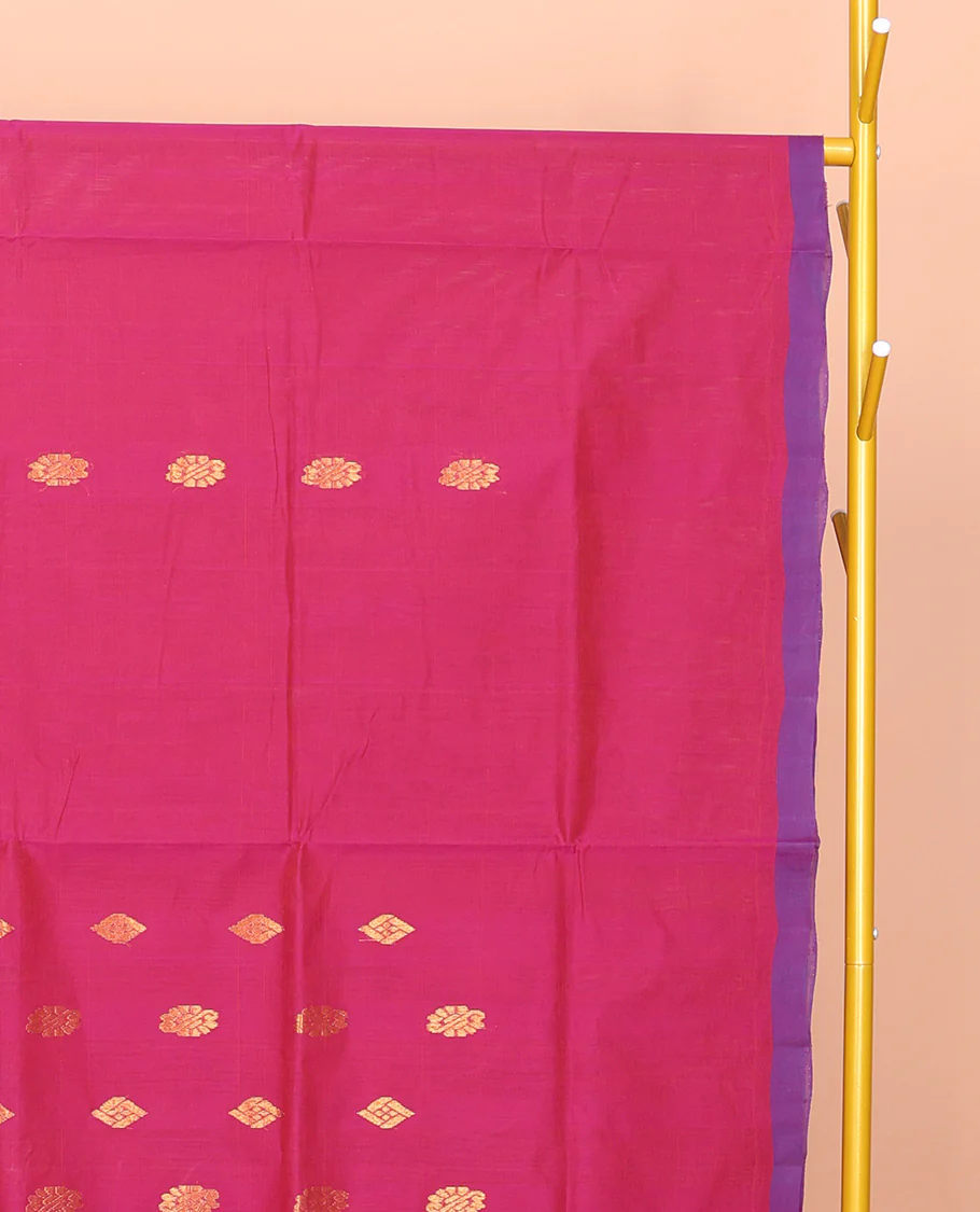 Pink Venkatagiri Cotton Saree Features Buttas, a Contrast Zari-Thread Border, Pallu of Stripes, and No Blouse - Image 2