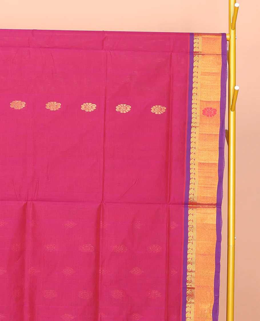 Pink Venkatagiri Cotton Saree Features Buttas, a Contrast Zari-Thread Border, Pallu of Stripes, and No Blouse - Image 3