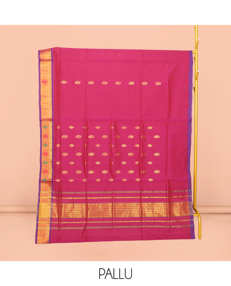 Pink Venkatagiri Cotton Saree Features Buttas, a Contrast Zari-Thread Border, Pallu of Stripes, and No Blouse - Image 4