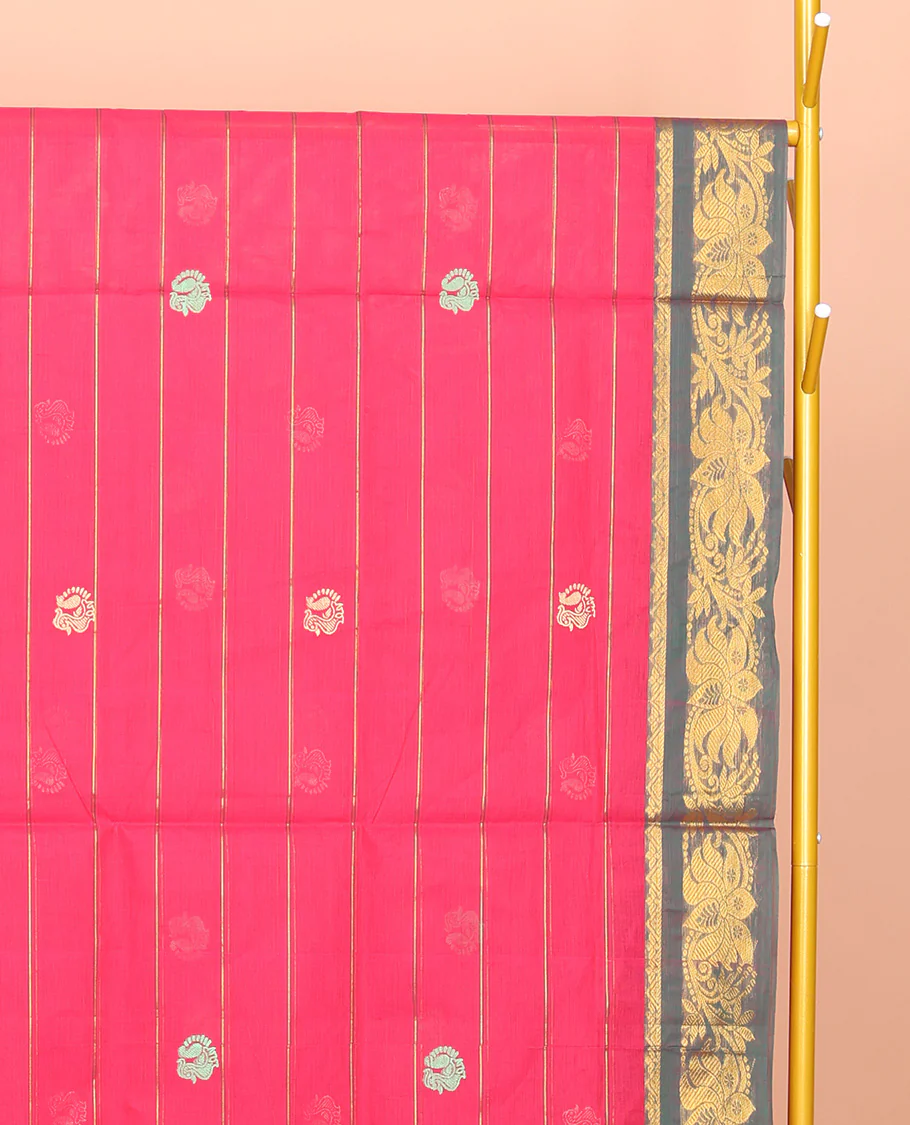 Pink Venkatagiri Cotton Saree Features Buttas and Stripes, a Contrast Floral Creeper Zari Border, Pallu of Buttas and Stripes, and No Blouse - Image 2