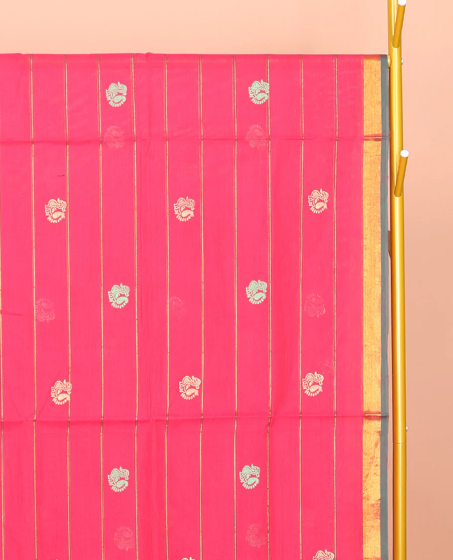 Pink Venkatagiri Cotton Saree Features Buttas and Stripes, a Contrast Floral Creeper Zari Border, Pallu of Buttas and Stripes, and No Blouse - Image 3