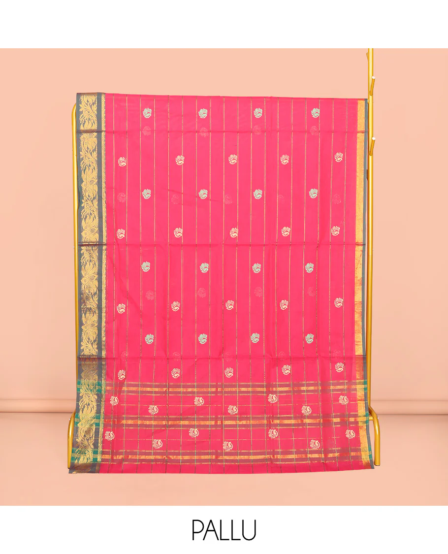 Pink Venkatagiri Cotton Saree Features Buttas and Stripes, a Contrast Floral Creeper Zari Border, Pallu of Buttas and Stripes, and No Blouse - Image 4