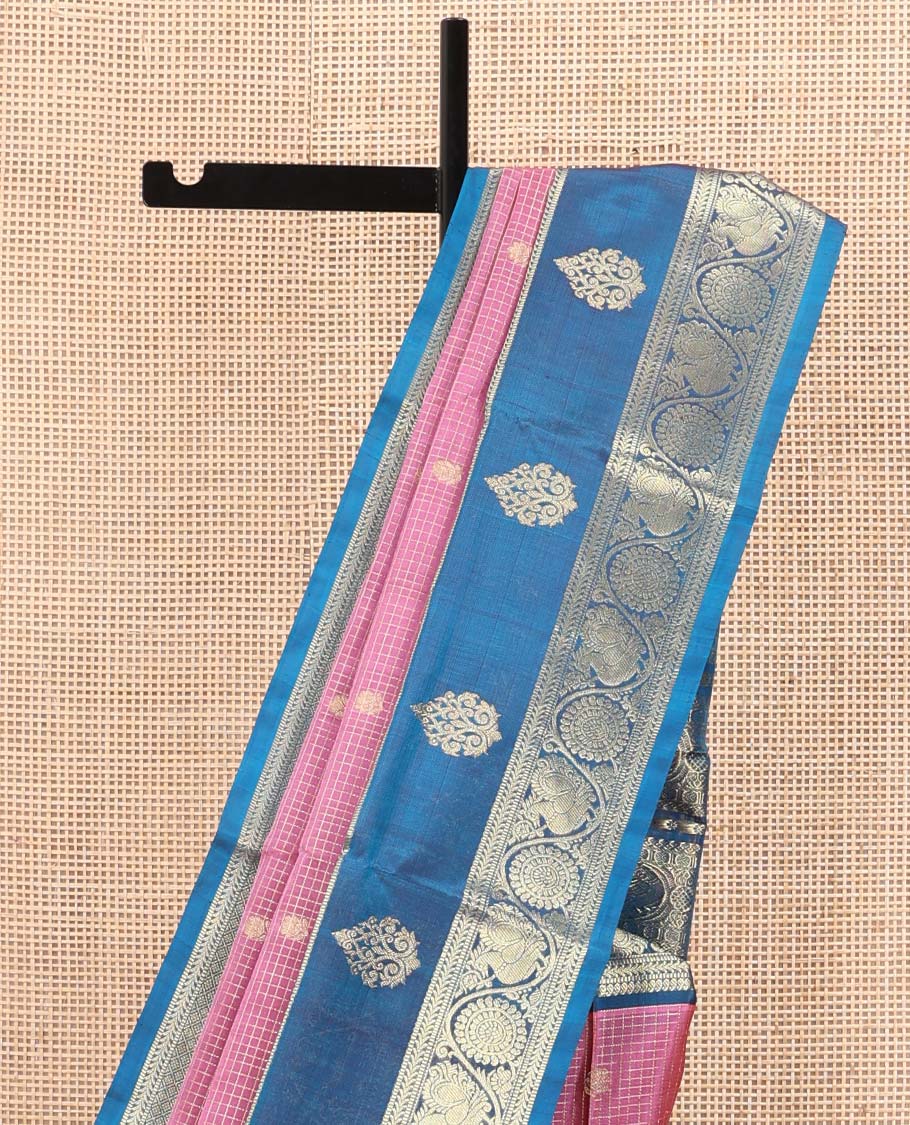 Pink Venkatagiri Silk Saree, Enlivened with Zari Buttas Enclosed Checks All Over Its Body, Complemented by a Contrast Traditional Zari Design Border of Peacock-Chakram Designs, Traditional Design Pallu, and Paired with a Contrast Blouse - Image 2