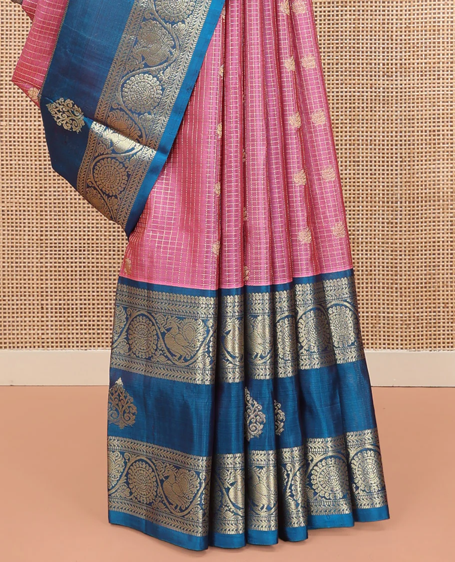 Pink Venkatagiri Silk Saree, Enlivened with Zari Buttas Enclosed Checks All Over Its Body, Complemented by a Contrast Traditional Zari Design Border of Peacock-Chakram Designs, Traditional Design Pallu, and Paired with a Contrast Blouse - Image 3
