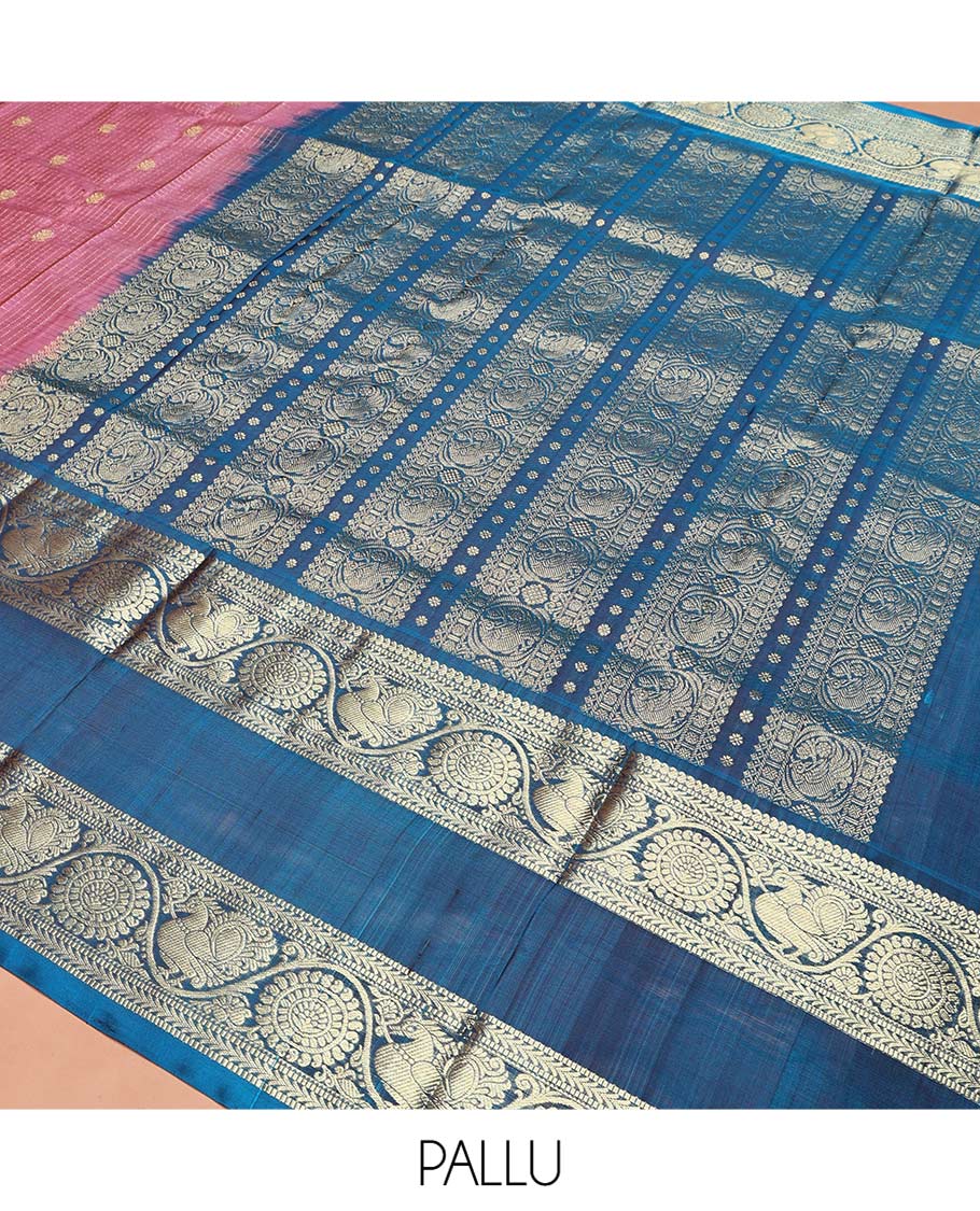 Pink Venkatagiri Silk Saree, Enlivened with Zari Buttas Enclosed Checks All Over Its Body, Complemented by a Contrast Traditional Zari Design Border of Peacock-Chakram Designs, Traditional Design Pallu, and Paired with a Contrast Blouse - Image 4