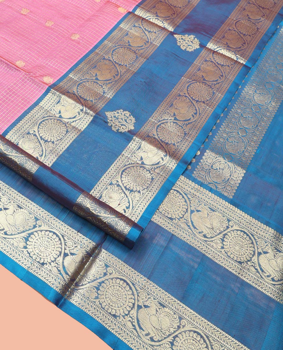 Pink Venkatagiri Silk Saree, Enlivened with Zari Buttas Enclosed Checks All Over Its Body, Complemented by a Contrast Traditional Zari Design Border of Peacock-Chakram Designs, Traditional Design Pallu, and Paired with a Contrast Blouse - Image 6