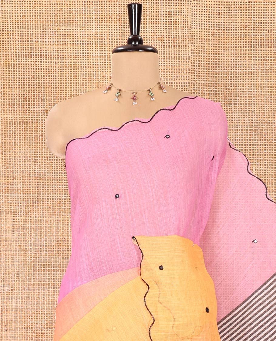 Pink-Yellow Linen Cotton Saree, Prettified with Ombre-Style Dyed with Mirror Work Across Its Body, Subtly Sparkled Scallop Thread Border, Pallu Steeped with Stripes and Mirror Work, and Paired with a Contrast Vertical Stripes Printed Blouse - Image 2