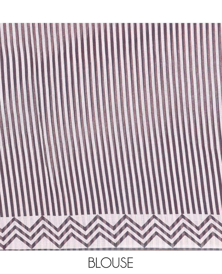 Pink-Yellow Linen Cotton Saree, Prettified with Ombre-Style Dyed with Mirror Work Across Its Body, Subtly Sparkled Scallop Thread Border, Pallu Steeped with Stripes and Mirror Work, and Paired with a Contrast Vertical Stripes Printed Blouse - Image 3
