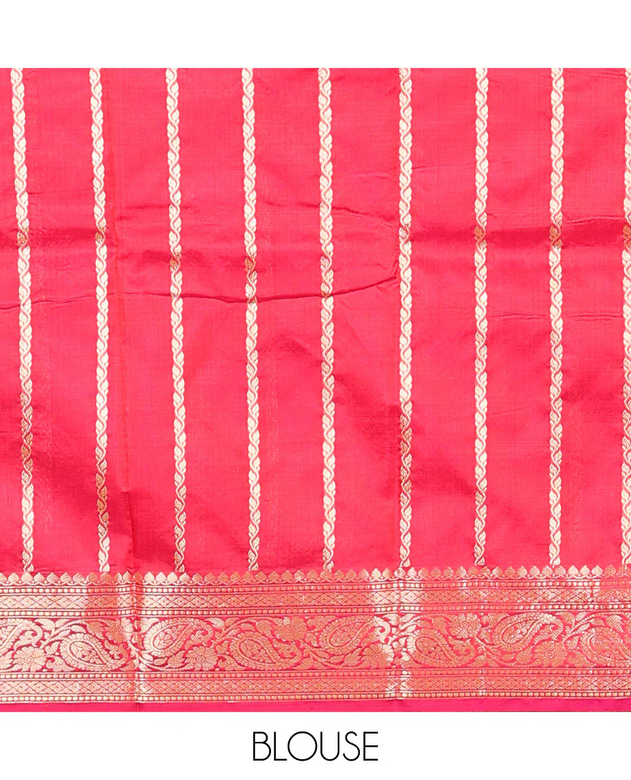Pink zari buttas kathan silk saree, traditional border of paisley creeper designs, and jaal pallu - Image 6