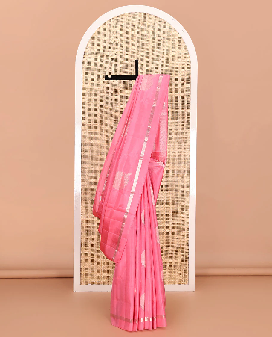 Pink zari buttas Mayuri soft silk saree, zari vanki kal erangina border, and pallu of vanki designs