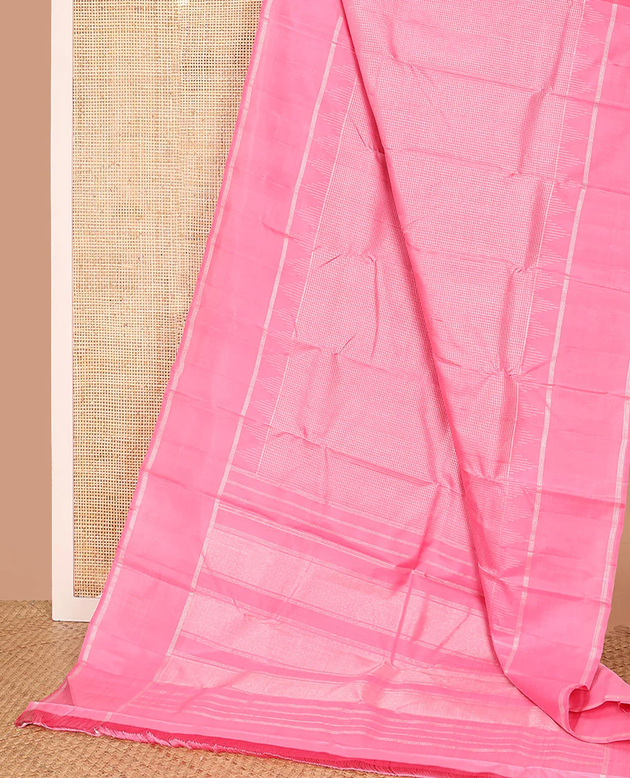 Pink zari checked Kanchipuram silk saree, zari temple border of stripes, and zari design pallu - Image 3