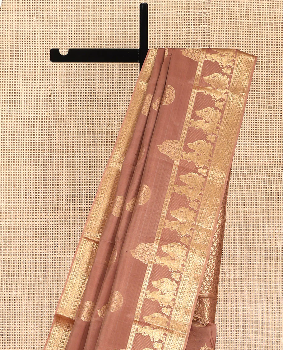 Pinkish Brown Vasundhara Silk Saree, Elevated with Zari Buttas All Over Its Body, Highlighted by Zari Border of Rekku, Muthu, Vangi, and Bride-Groom Suyamvaram Designs, Pallu of Zari Designs, and Paired with a Matching Blouse - Image 3