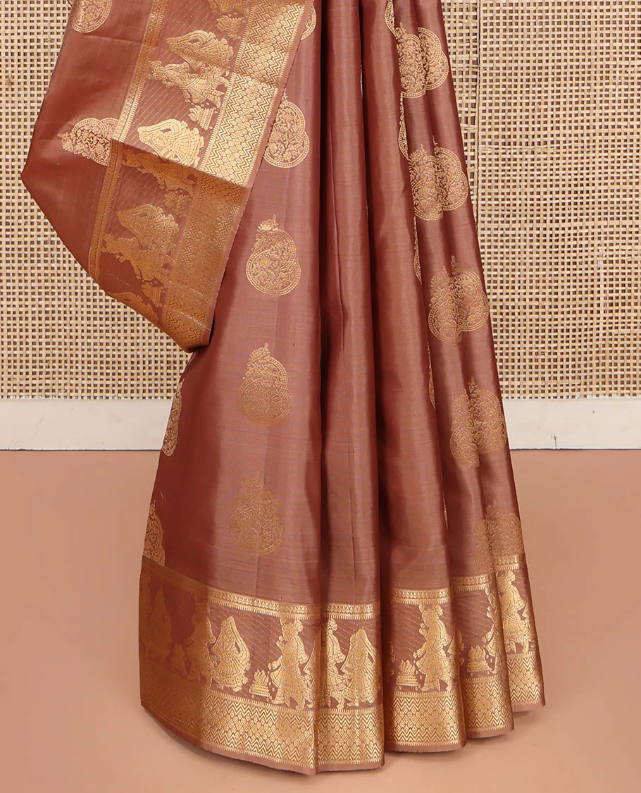 Pinkish Brown Vasundhara Silk Saree, Elevated with Zari Buttas All Over Its Body, Highlighted by Zari Border of Rekku, Muthu, Vangi, and Bride-Groom Suyamvaram Designs, Pallu of Zari Designs, and Paired with a Matching Blouse - Image 4