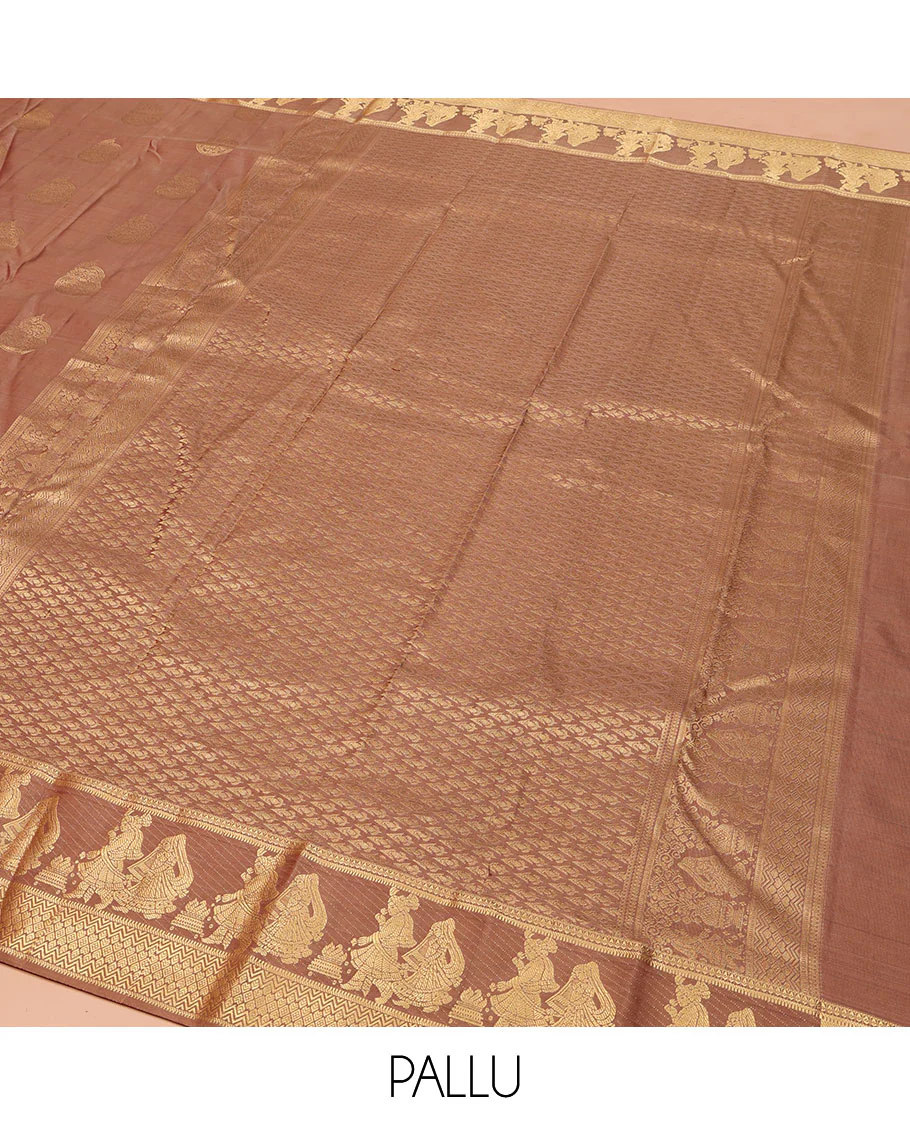 Pinkish Brown Vasundhara Silk Saree, Elevated with Zari Buttas All Over Its Body, Highlighted by Zari Border of Rekku, Muthu, Vangi, and Bride-Groom Suyamvaram Designs, Pallu of Zari Designs, and Paired with a Matching Blouse - Image 5