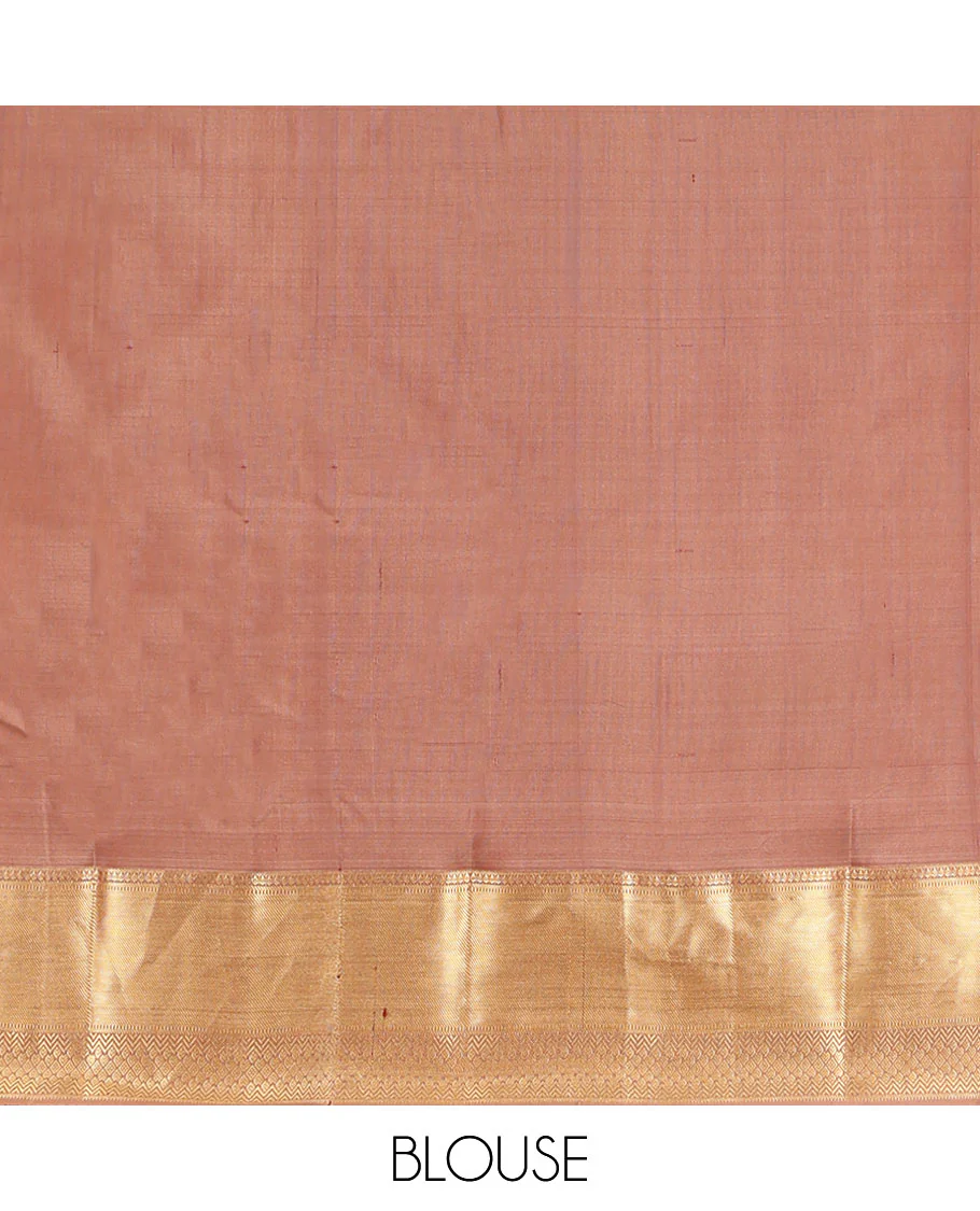 Pinkish Brown Vasundhara Silk Saree, Elevated with Zari Buttas All Over Its Body, Highlighted by Zari Border of Rekku, Muthu, Vangi, and Bride-Groom Suyamvaram Designs, Pallu of Zari Designs, and Paired with a Matching Blouse - Image 6