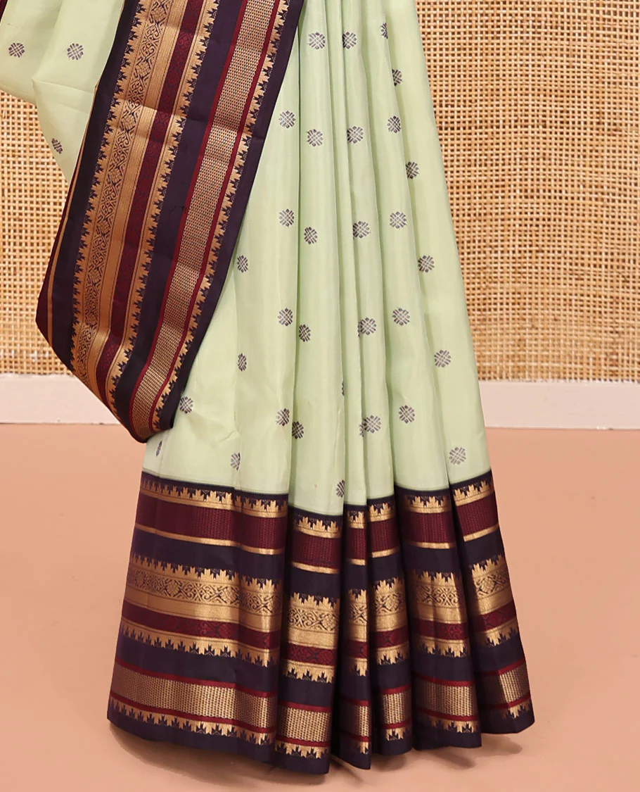 Pista Green and Coffee Brown Vasundenhara Lite Silk Mix Saree, Subtly Adorned with Buttas All Over Its Body, Complemted by Contrast Border of Thazampoo Rekku, Banaras, Jada Nagam, and Ara Maadam Designs, Grand Pallu, and Paired with a Contrast Blouse - Image 8