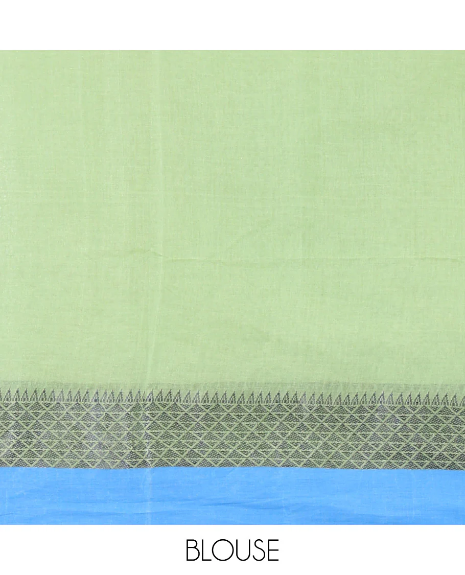 Pista Green Bengal Cotton Saree, Subtly Woven with Thread Buttas All Over Its Body, Complemented by a Contrast Border of Temple and Jaal Designs, Pallu of Stripes and Buttas, and Comes Without a Blouse - Image 3