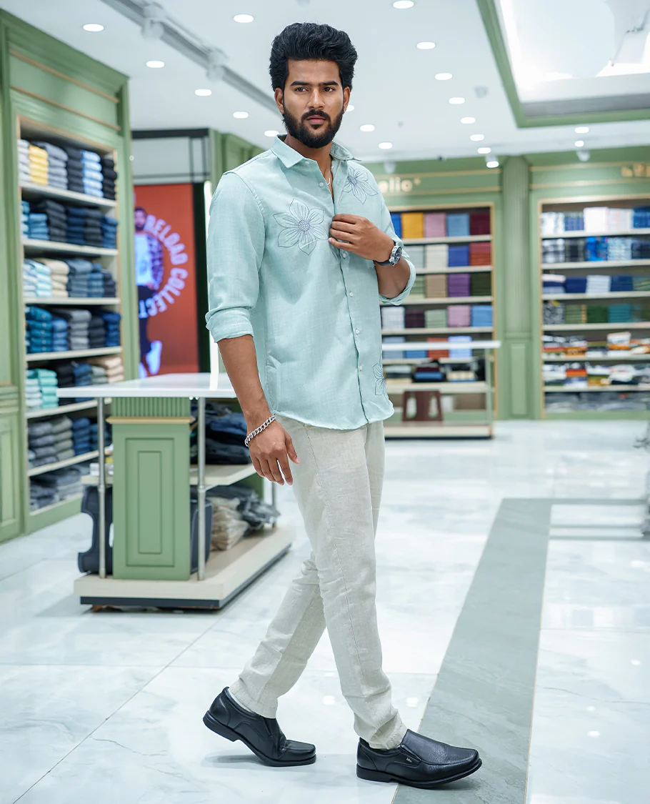 Pista Green Linen Blended Casual Shirt, Decked Up with Heathered Base and Floral Thread Embroidery, Featuring a Spread Collar, Full-Sleeves, Slim Fit, and Regular Length - Image 2