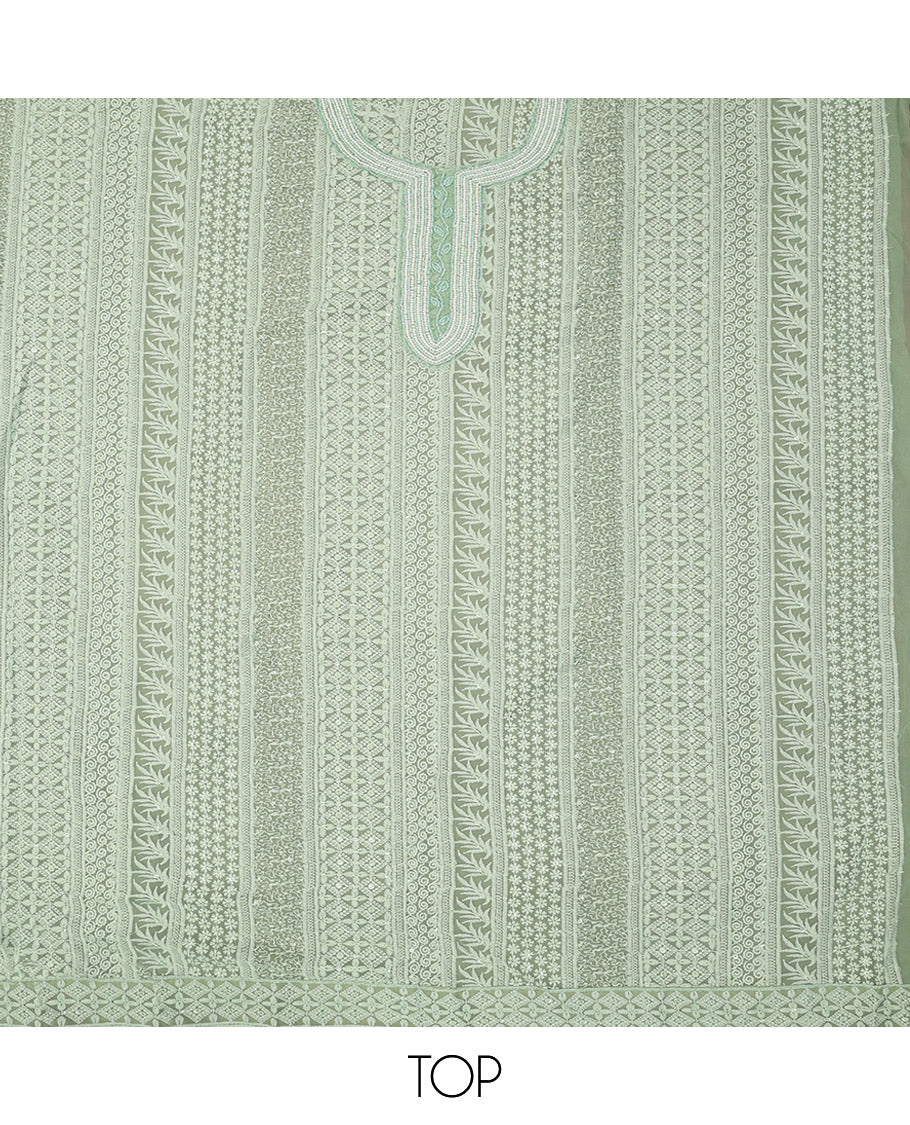 Pista Green Material Chudidar Set, Bedecked with Chikankari-Style Embroidery and Neck Work on Georgette Top, a Plain Santoon Bottom, and Paired with a Floral Vine Embroidery Georgette Dupatta - Image 2