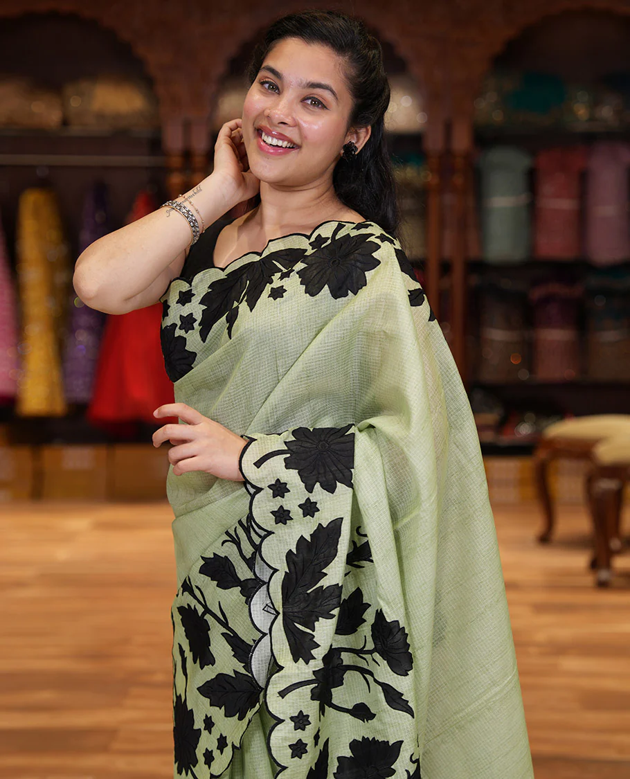 Pista Green Plain Fancy Kota Silk Saree Highlighted with Floral Applique Embroidered Scallop Border, Applique Embroidered Pallu, and a Matching Blouse - Image 3