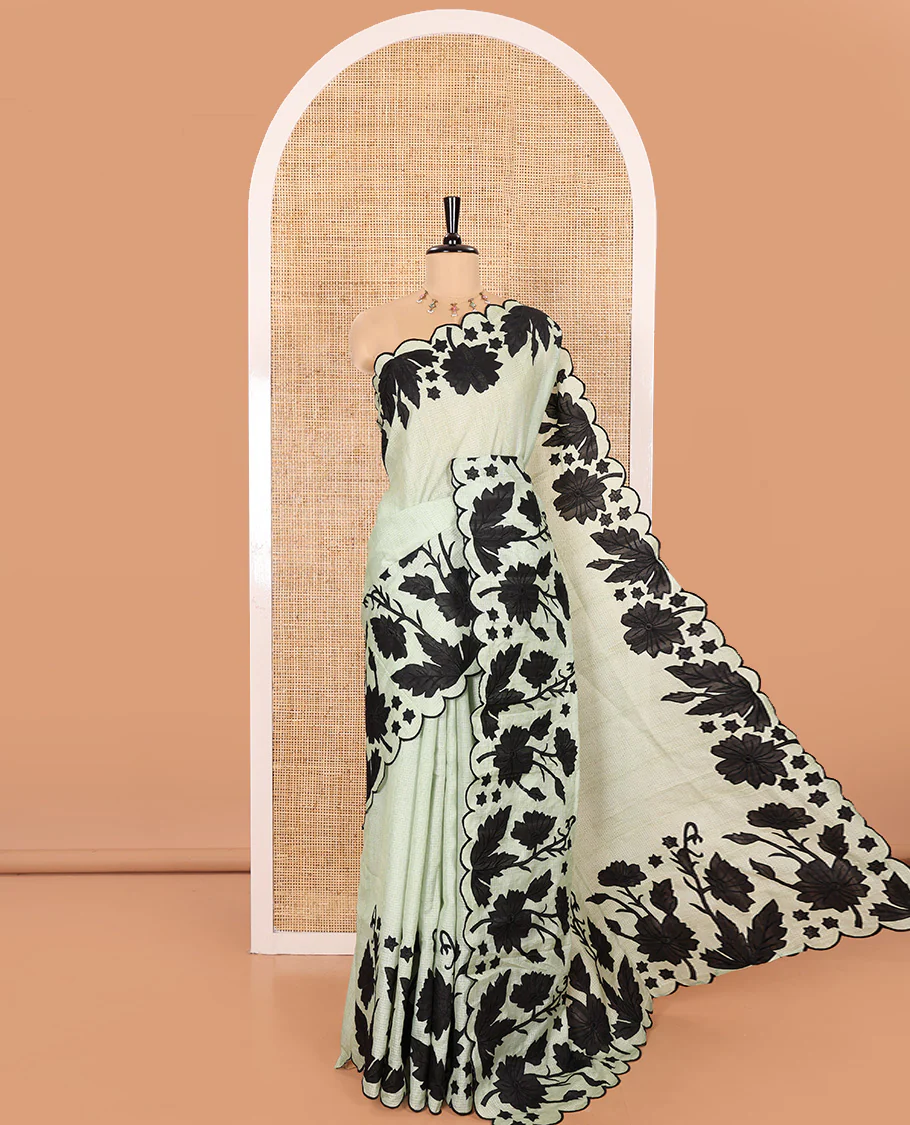 Pista Green Plain Fancy Kota Silk Saree Highlighted with Floral Applique Embroidered Scallop Border, Applique Embroidered Pallu, and a Matching Blouse - Image 4