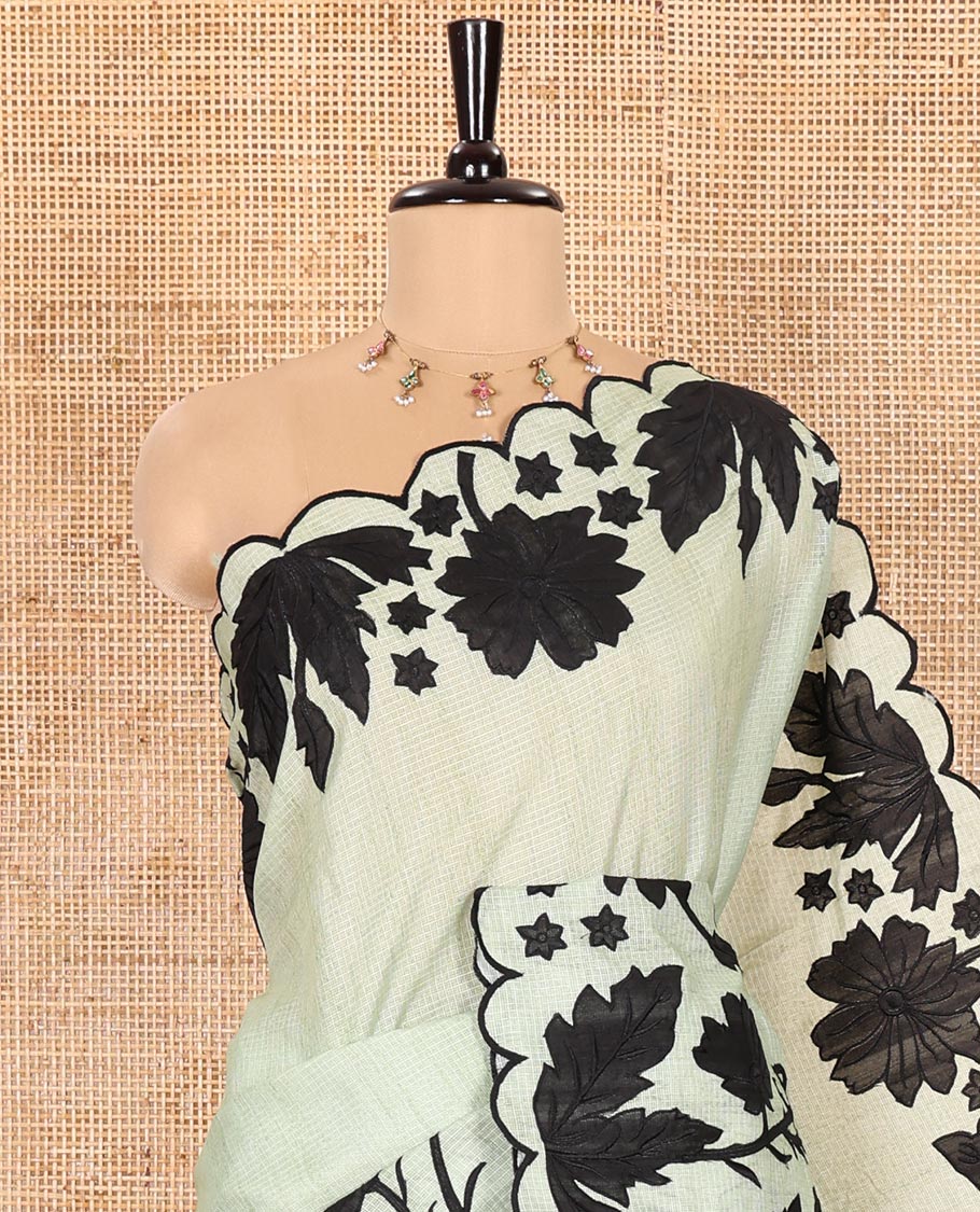 Pista Green Plain Fancy Kota Silk Saree Highlighted with Floral Applique Embroidered Scallop Border, Applique Embroidered Pallu, and a Matching Blouse - Image 5