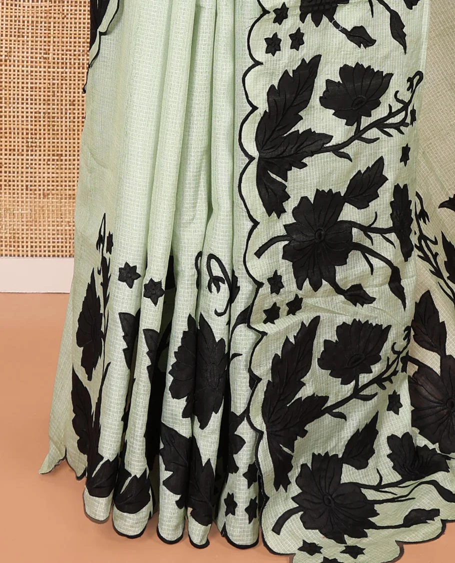 Pista Green Plain Fancy Kota Silk Saree Highlighted with Floral Applique Embroidered Scallop Border, Applique Embroidered Pallu, and a Matching Blouse - Image 6
