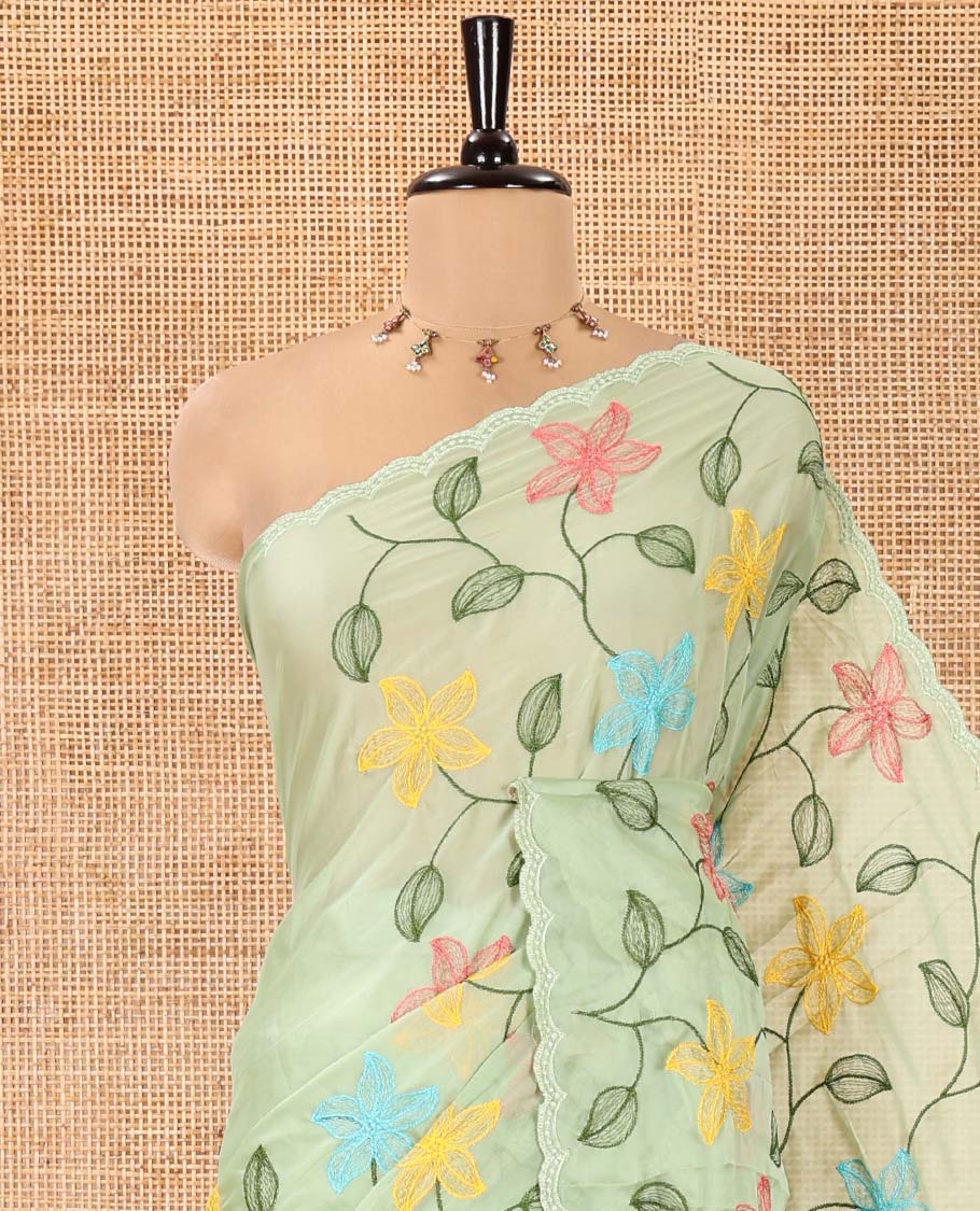 Pista Green Rangoli Chiffon Saree, Crafted with Multi-Color Floral Vine Embroidery on Its Body, Floral Embroidered Pallu, and Contrast Floral Embroidered Blouse - Image 2