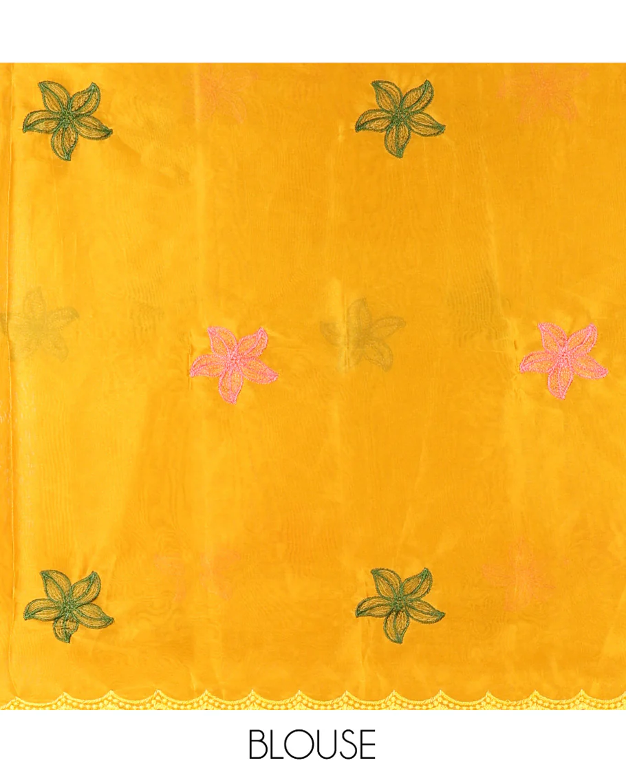 Pista Green Rangoli Chiffon Saree, Crafted with Multi-Color Floral Vine Embroidery on Its Body, Floral Embroidered Pallu, and Contrast Floral Embroidered Blouse - Image 3
